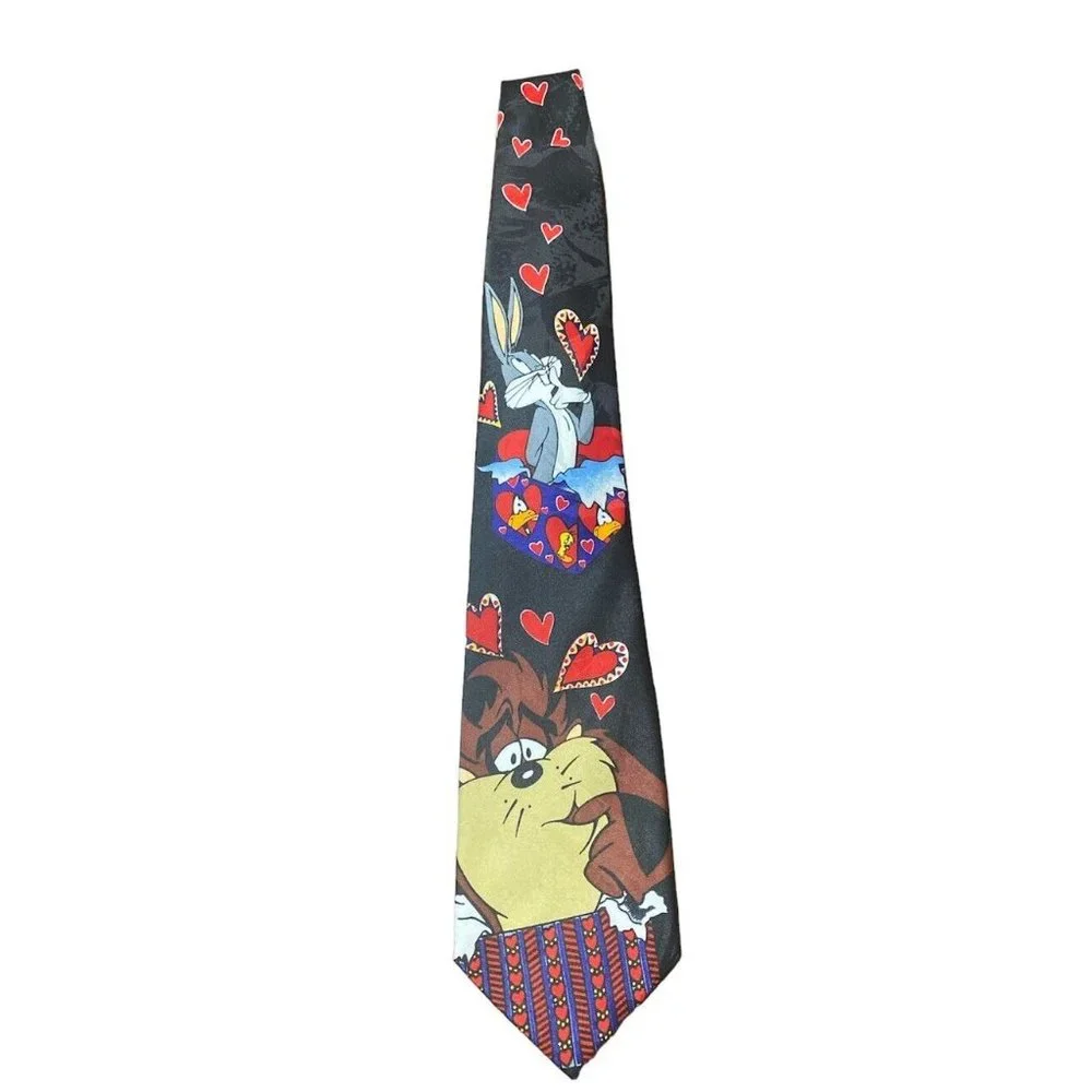 Looney Tunes Mania Valentine Hearts Tie Vintage 1995 Taz Bugs Tweety Daffy
